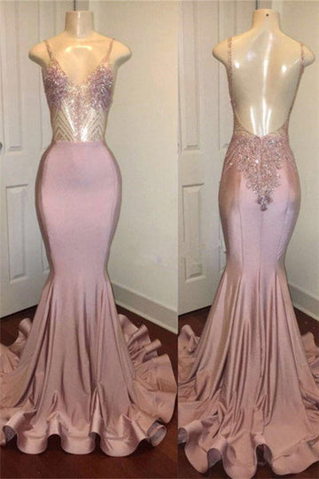 TRENDY PINK BEADS SPAGHETTI STRAP PROM PARTY GOWNS| MERMAID PROM PARTY GOWNS HZ1023